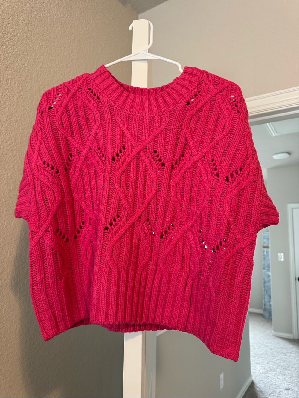 Hot Pink Cable Stitch Short Sleeve Sweater